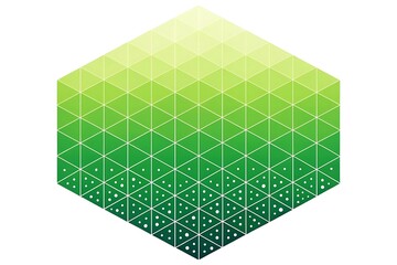 Geometric hexagon shape with gradient green triangles and subtle dot pattern