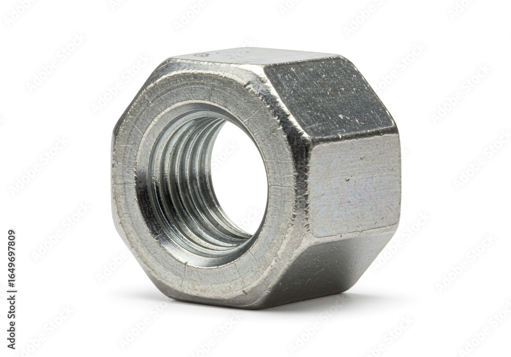 Poster a close up shot of a single metal hex nut with visible threads on a plain white background studio sh