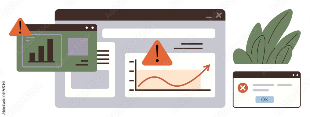 Poster multiple data windows displaying charts, graphs, and warning indicators. ideal for analytics, tech i