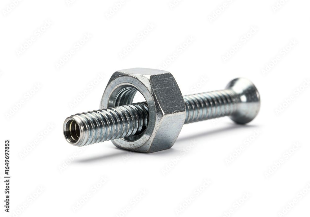 Poster a close up shot of a metal bolt with a nut screwed on it on a plain white surface in a studio settin