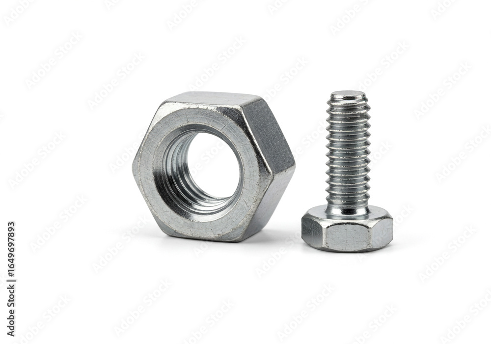 Poster close up of a metal nut and bolt on a white background showing threads and hexagonal shapes clearly