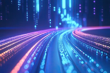 Abstract digital pathway, glowing with vibrant colors.  Streaks of light curve through a dark space, dotted with particles.  A sense of speed and technology