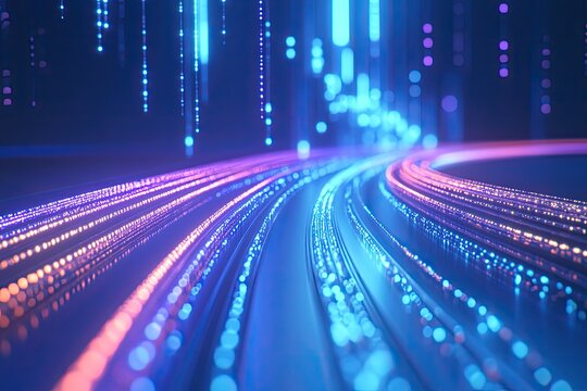 Abstract digital pathway, glowing with vibrant colors. Streaks of light curve through a dark space, dotted with particles. A sense of speed and technology - Powered by Adobe