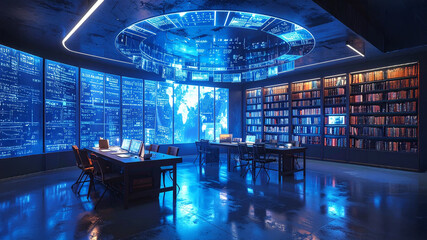 A high-tech, dimly lit room blending a library with a command center. Features glowing digital screens displaying maps and data, alongside traditional bookshelves filled with books. A large circular d
