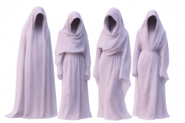 Hooded figures in lavender robes standing silhouetted, casting mysterious shadows against translucent backdrop with haunting presence
