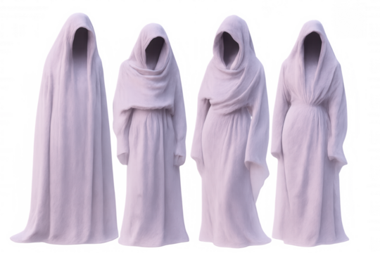 Hooded figures in lavender robes standing silhouetted, casting mysterious shadows against translucent backdrop with haunting presence