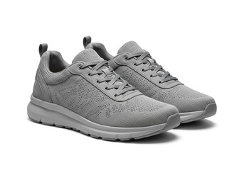 A pair of gray athletic shoes with laces and a textured upper sitting on a white background studio shot