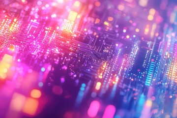Abstract circuit board with vibrant neon lights