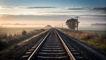 Fototapeta premium Tranquil Railroad Tracks Through Foggy Landscape Under Gentle Sky, Peaceful Journey into the Distance.