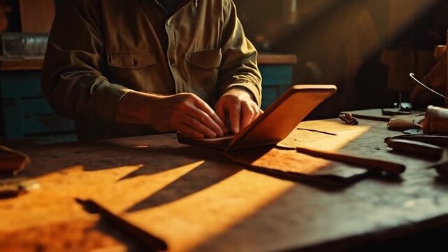 Handmade leather goods collection in earthy tones &ndash; belts, bags and journals on wooden table