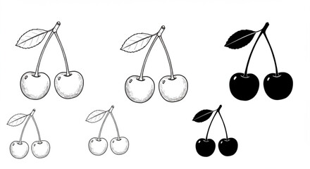 Cherry Drawings, Black and White Fruit Illustrations on a White Background