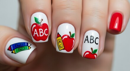 Creative back to school nail art featuring apples abcs and a diploma ribbon