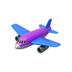 A colorful cartoon airplane with blue wings and a purple fuselage flies through the sky isolated on transparent background