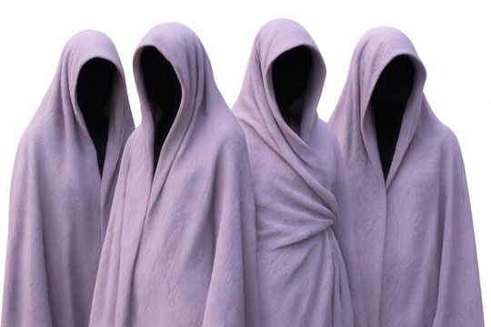 Hooded figures wearing deep purple cloaks standing silhouetted, faces hidden in shadowy darkness against translucent background, conveying mysterious atmosphere