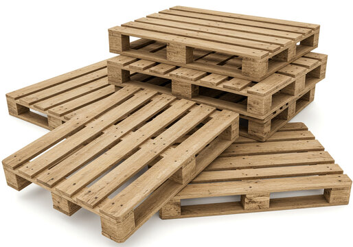A stack of wooden pallets arranged in a pile on a white background in a studio setting showing detail