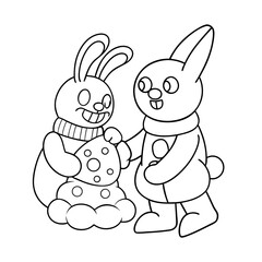 Fototapeta premium black outline printable bunny building snowman