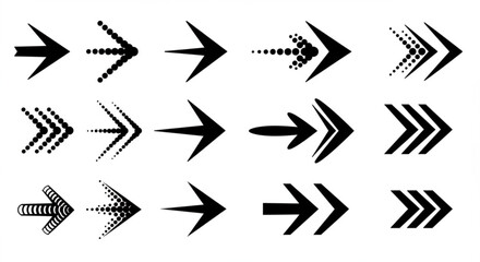 Black Arrows Set, Directional Signs, and Navigation Symbols on White Background