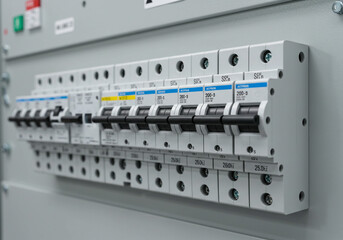 Close up of a gray electrical panel with rows of circuit breakers and screws in a control box