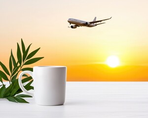 White mug, green leaves on table. Plane flies into warm sunset over horizon. Serene