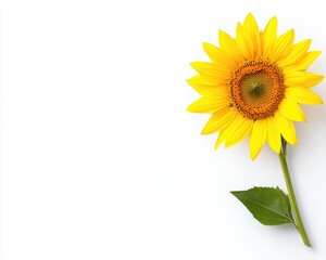 Obraz premium Radiant sunflower isolated on white. Bright yellow petals encircle a brown center with green leaves. Stem angled diagonally. Clean, minimal presentation