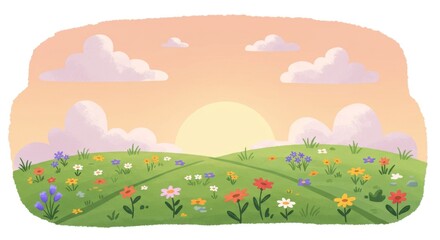 Serene Sunset Meadow with Wildflowers - Peaceful sunset landscape, wildflowers blooming, gentle hills, soft clouds, tranquil atmosphere.