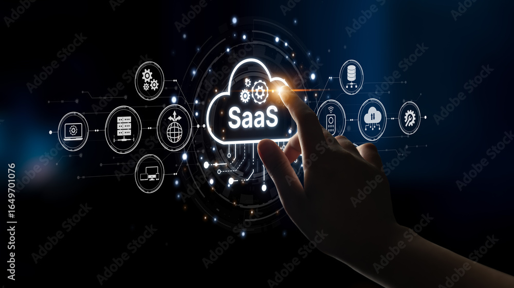 Poster visual representation of saas showing infrastructure, saas deployment, saas platform features, and s