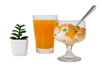 food - glass of orange juice with fruit salad on a white background