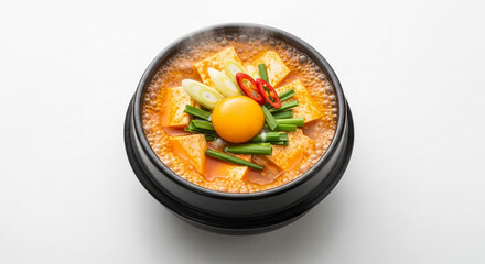 A vibrant close-up shot of a Korean spicy tofu stew, served in a black bowl.