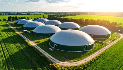 Aerial view of agricultural biogas facilities amidst green fields.