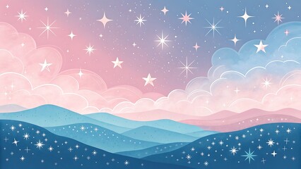 Dreamy Pastel Landscape with Sparkling Stars and Gentle Clouds, Watercolor Mountain Range Illustration.