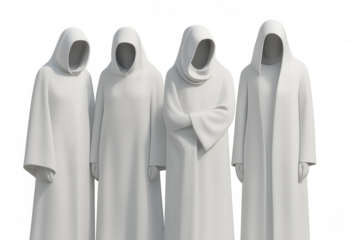 3d rendering of four monks wearing white tunics and hoods, standing against a transparent background, creating a mysterious and spiritual atmosphere