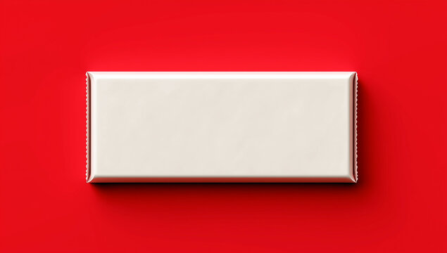 White candy bar wrapper on red background.