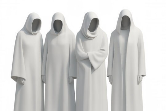3d rendering of four monks wearing white tunics and hoods, standing against a transparent background, creating a mysterious and spiritual atmosphere