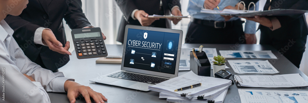 Poster cyber security system on computer screen protect private information brisk from hacker and cyber att