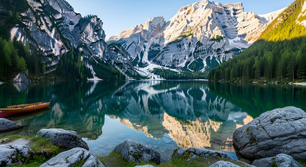 Idyllic mountain lake reflection with snow capped peaks