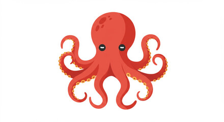 Cartoon Red Octopus with Curled Tentacles on a Clean White Background