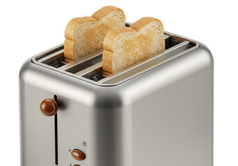 A close up of a silver toaster with two slices of toast inside on a white background in a studio shot