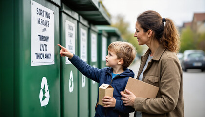 Caucasian young woman assisting Caucasian child sorting recyclable materials at outdoor recycling station, child pointing at sign while holding cardboard box, woman carrying paper package