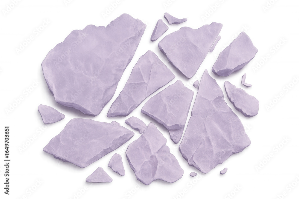 Poster purple stone fragments creating an abstract composition on a transparent background, ideal for creat