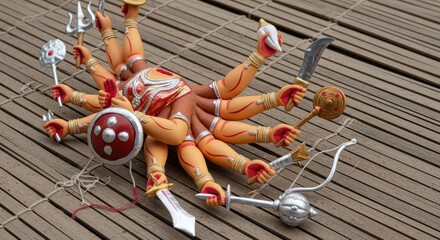 Detailed view of a multi armed deity sculpture with weapons