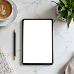 AI-generated flat-lay mockup of a tablet device on a marble countertop, featuring a creative and artistic setup