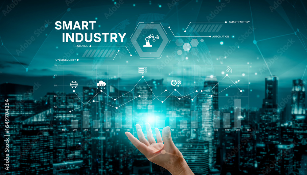 Poster smart industry dashboard combining automation, robotics, cloud integration, cybersecurity, and data 
