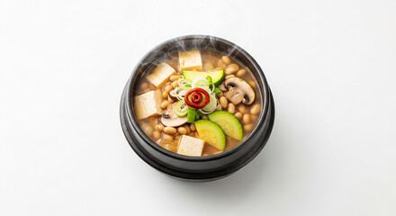 A steaming bowl of Korean doenjang jjigae, a savory and flavorful soybean paste stew with tofu and vegetables.