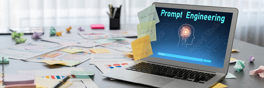Poster sticky note for creative and analytic brainstorm for business idea with bi data dashboard on laptop 