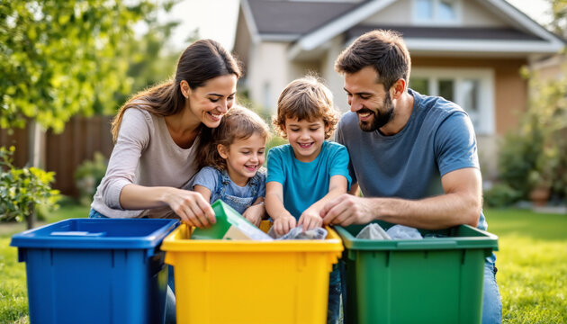 Caucasian young adult woman and man with two children sorting recyclables into colored bins outdoors, smiling and engaging in environmental activity together in residential neighborhood