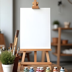 AI-generated blank Canvas on Easel Mockup in Bright Art Studio with Brushes and Paint Tubes.