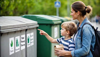 Caucasian young adult woman guiding Caucasian child boy while sorting waste at outdoor recycling bins, child holding cardboard box and pointing at bin, trees visible in background