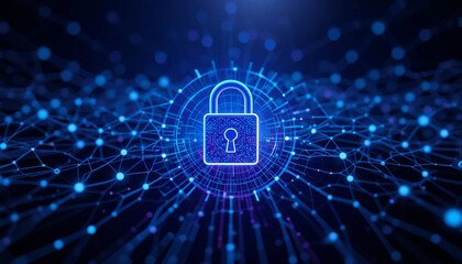 Central Padlock with Interconnected Network Lines and Nodes on Dark Blue and Purple Background Representing Cybersecurity