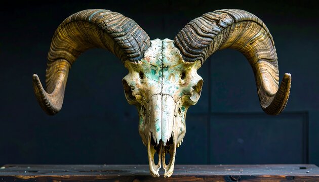 Decorated ram skull with intricate horns.
