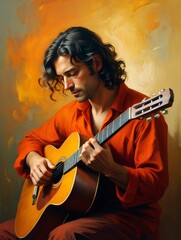 Obraz premium Male Guitarist Playing Acoustic Guitar, Portrait